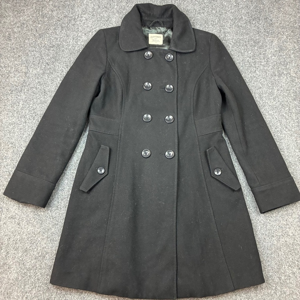 Old Navy Womens Size Medium Black Double Breasted Pea Coat Jacket Skirted